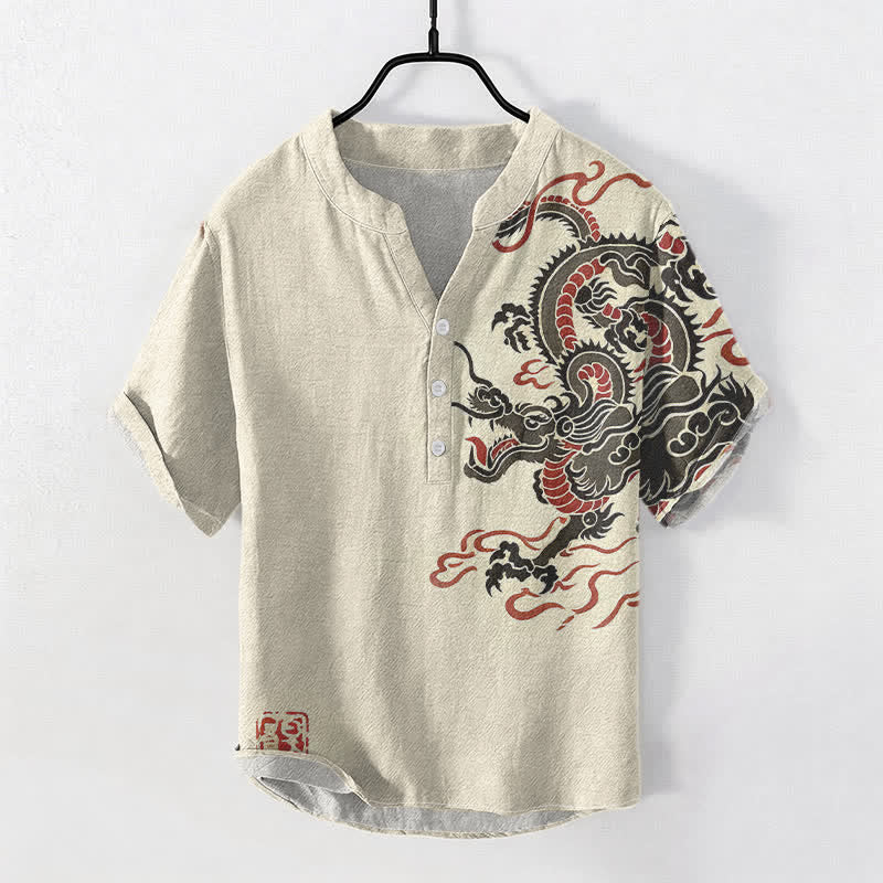 Buddha Stones Herrenhemd aus Baumwolle mit schwarzem und rotem Drachenmuster, Kurzarm, halbe Knopfleiste - Beige - US/ UK/AU50, EU60 (5XL) - image 0