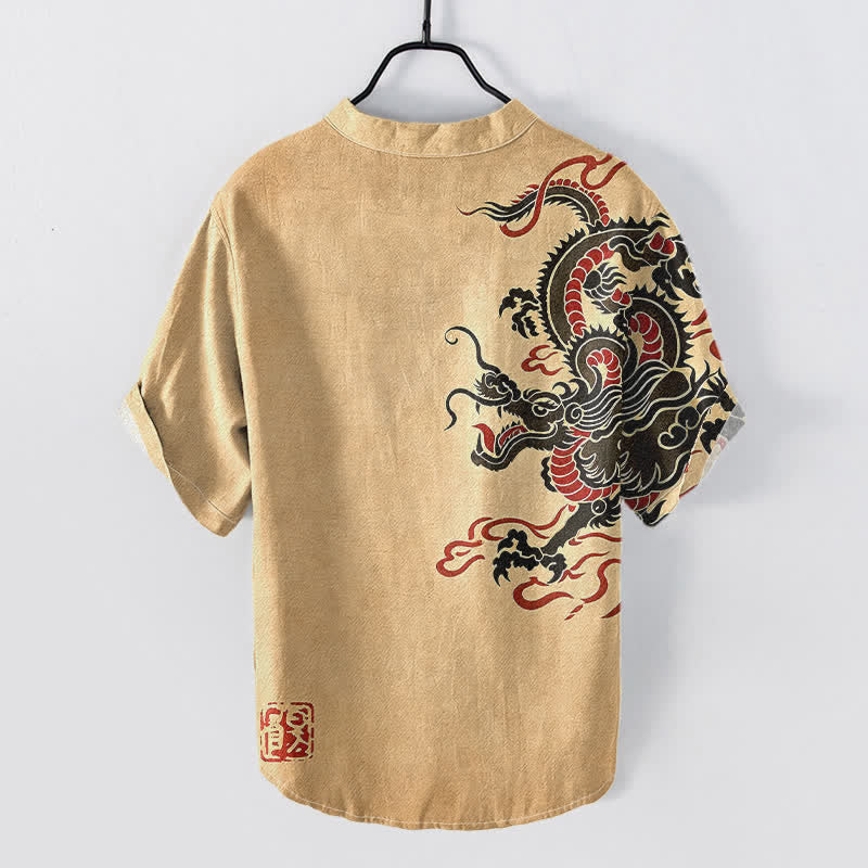 Buddha Stones Herrenhemd aus Baumwolle mit schwarzem und rotem Drachenmuster, Kurzarm, halbe Knopfleiste - BurlyWood - US/ UK/AU50, EU60 (5XL) - image 6