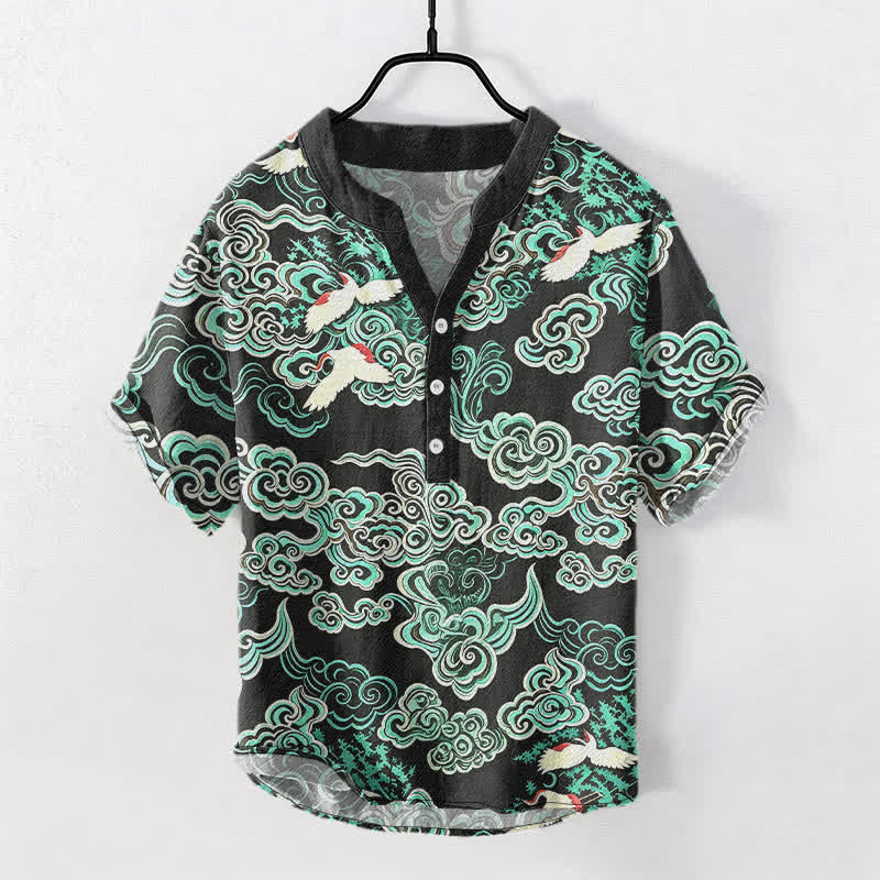 Buddha Stones Baumwollhemd für Herren mit mintfarbenem Wolkenkranichmuster, kurzen Ärmeln und halber Knopfleiste - Schwarz - US/ UK/AU50, EU60 (5XL) - image 0