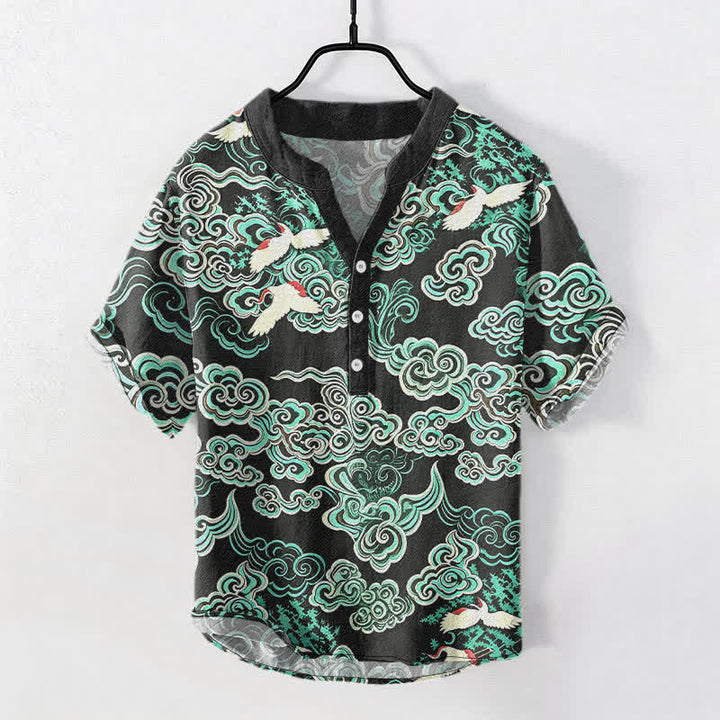 Buddha Stones Baumwollhemd für Herren mit mintfarbenem Wolkenkranichmuster, kurzen Ärmeln und halber Knopfleiste - Schwarz - US/ UK/AU50, EU60 (5XL) - image 0