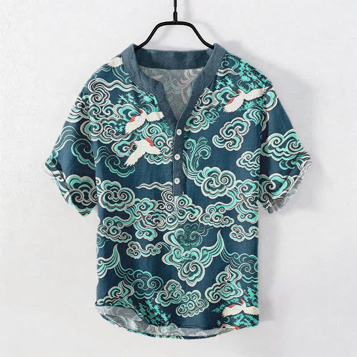 Buddha Stones Baumwollhemd für Herren mit mintfarbenem Wolkenkranichmuster, kurzen Ärmeln und halber Knopfleiste - Türkis - US/ UK/AU50, EU60 (5XL) - image 5