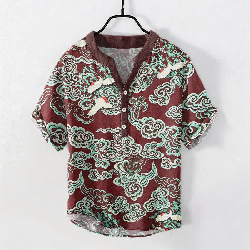 Buddha Stones Baumwollhemd für Herren mit mintfarbenem Wolkenkranichmuster, kurzen Ärmeln und halber Knopfleiste - Kastanienbraun - US/ UK/AU50, EU60 (5XL) - image 7