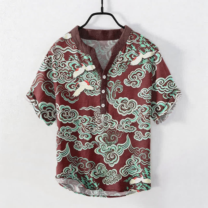 Buddha Stones Baumwollhemd für Herren mit mintfarbenem Wolkenkranichmuster, kurzen Ärmeln und halber Knopfleiste - Kastanienbraun - US/ UK/AU50, EU60 (5XL) - image 7
