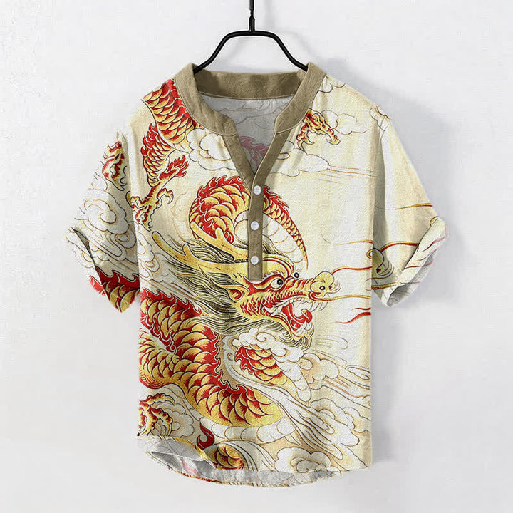 Buddha Stones Kurzarmhemd aus Baumwolle mit goldenem Drachenmuster für Herren, halbknöpfig, kurzärmelig, mit halber Knopfleiste - Elfenbein - US/ UK/AU50, EU60 (5XL) - image 0