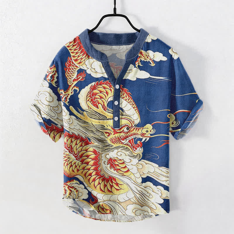 Buddha Stones Kurzarmhemd aus Baumwolle mit goldenem Drachenmuster für Herren, halbknöpfig, kurzärmelig, mit halber Knopfleiste - Königsblau - US/ UK/AU50, EU60 (5XL) - image 3