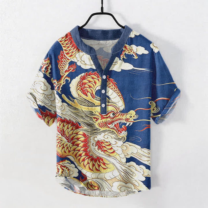 Buddha Stones Kurzarmhemd aus Baumwolle mit goldenem Drachenmuster für Herren, halbknöpfig, kurzärmelig, mit halber Knopfleiste - Königsblau - US/ UK/AU50, EU60 (5XL) - image 3
