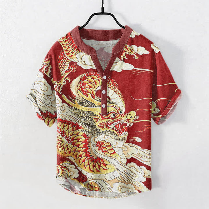 Buddha Stones Kurzarmhemd aus Baumwolle mit goldenem Drachenmuster für Herren, halbknöpfig, kurzärmelig, mit halber Knopfleiste - Purpurrot - US/ UK/AU50, EU60 (5XL) - image 5