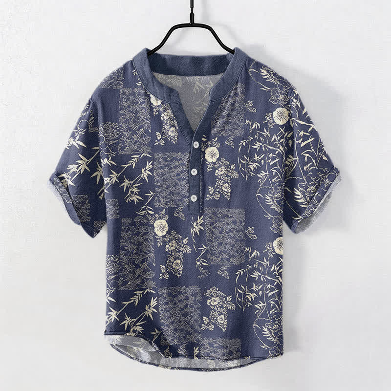 Buddha Stones Kurzarmhemd aus Baumwolle mit Bambus-Blumen-Patchworkmuster für Herren, halbknöpfig, Kurzarm - Marine - US/ UK/AU50, EU60 (5XL) - image 0
