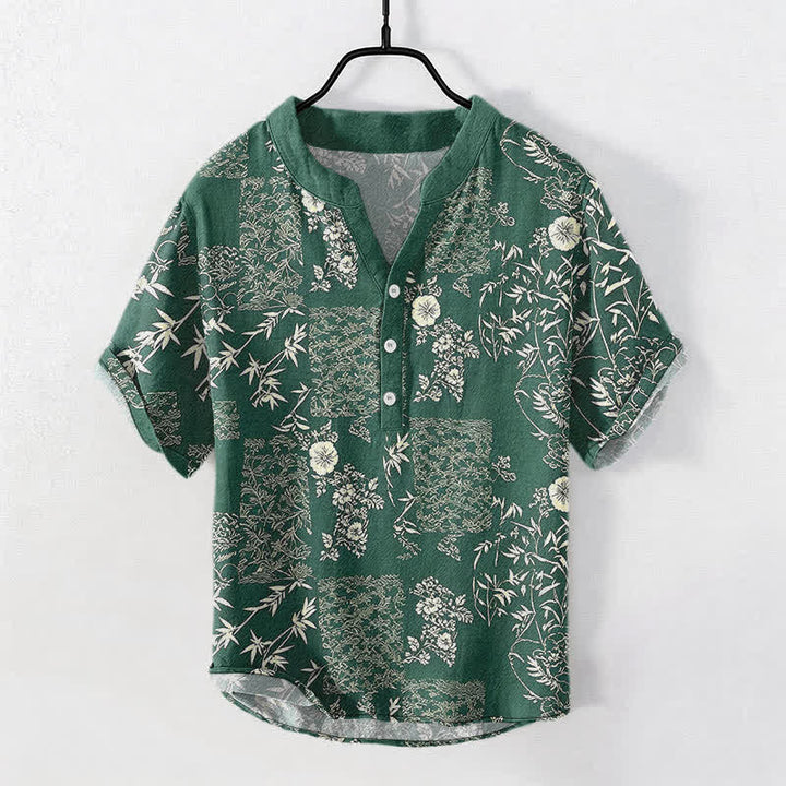 Buddha Stones Kurzarmhemd aus Baumwolle mit Bambus-Blumen-Patchworkmuster für Herren, halbknöpfig, Kurzarm - Waldgrün - US/ UK/AU50, EU60 (5XL) - image 5