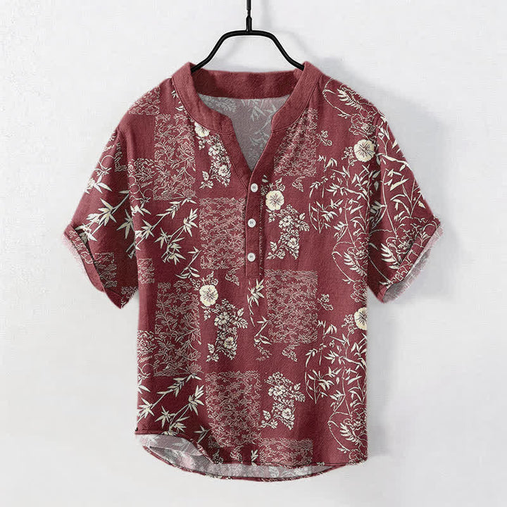 Buddha Stones Kurzarmhemd aus Baumwolle mit Bambus-Blumen-Patchworkmuster für Herren, halbknöpfig, Kurzarm - Kastanienbraun - US/ UK/AU50, EU60 (5XL) - image 7