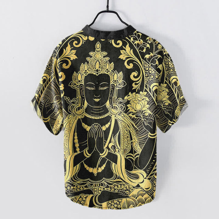 Buddha Stones Kurzarm-Herrenhemd aus Baumwolle mit goldenem Buddha-Motiv und halber Knopfleiste - image 1