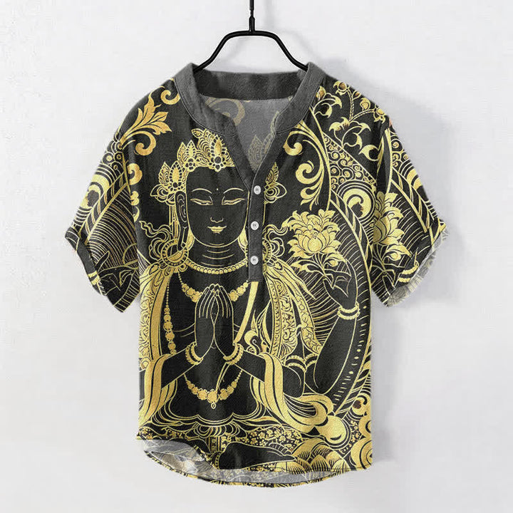 Buddha Stones Kurzarm-Herrenhemd aus Baumwolle mit goldenem Buddha-Motiv und halber Knopfleiste - Schwarz - US/ UK/AU50, EU60 (5XL) - image 0