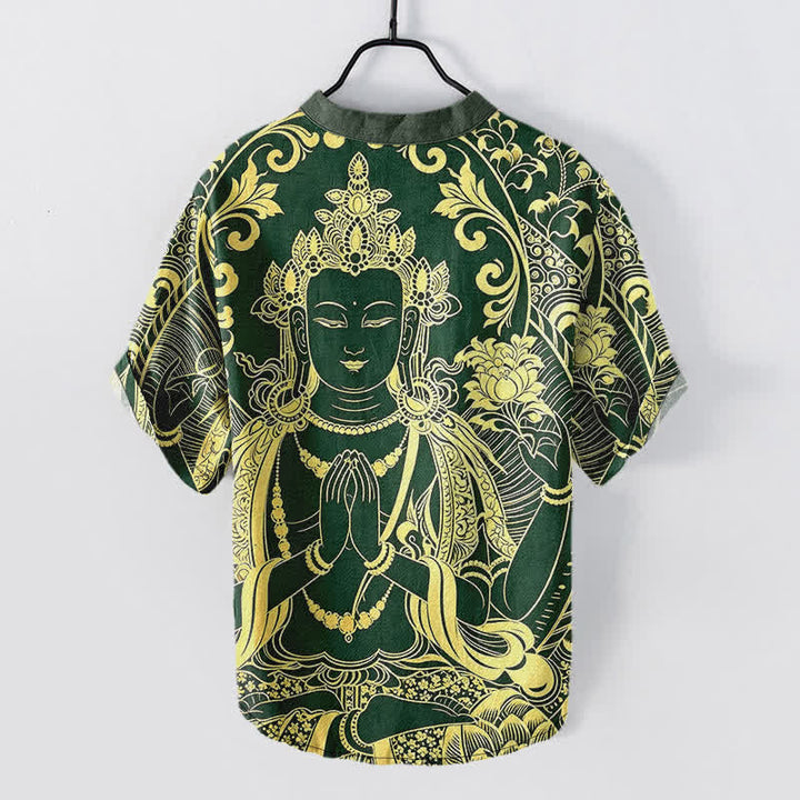 Buddha Stones Kurzarm-Herrenhemd aus Baumwolle mit goldenem Buddha-Motiv und halber Knopfleiste - image 6