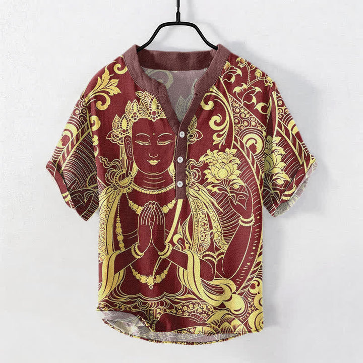 Buddha Stones Kurzarm-Herrenhemd aus Baumwolle mit goldenem Buddha-Motiv und halber Knopfleiste - Kastanienbraun - US/ UK/AU50, EU60 (5XL) - image 7