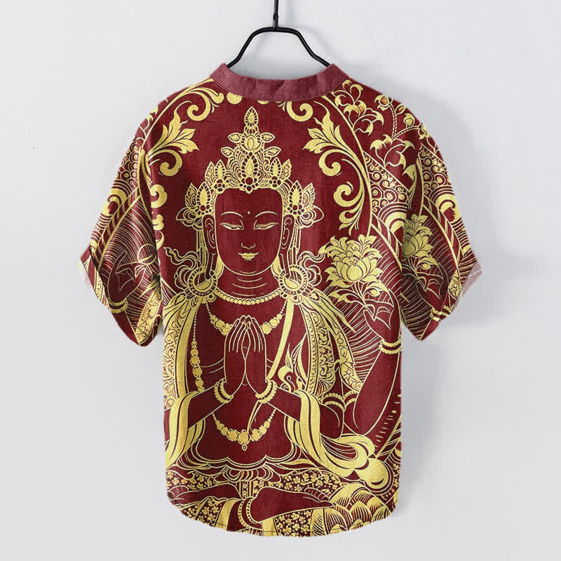 Buddha Stones Kurzarm-Herrenhemd aus Baumwolle mit goldenem Buddha-Motiv und halber Knopfleiste - image 8