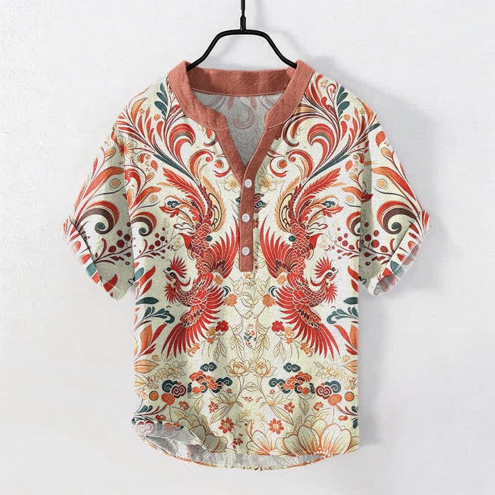 Buddha Stones Kurzarm-Herrenhemd aus Baumwolle mit symmetrischem Phönix-Blumenmuster und halber Knopfleiste - Elfenbein - US/ UK/AU50, EU60 (5XL) - image 0