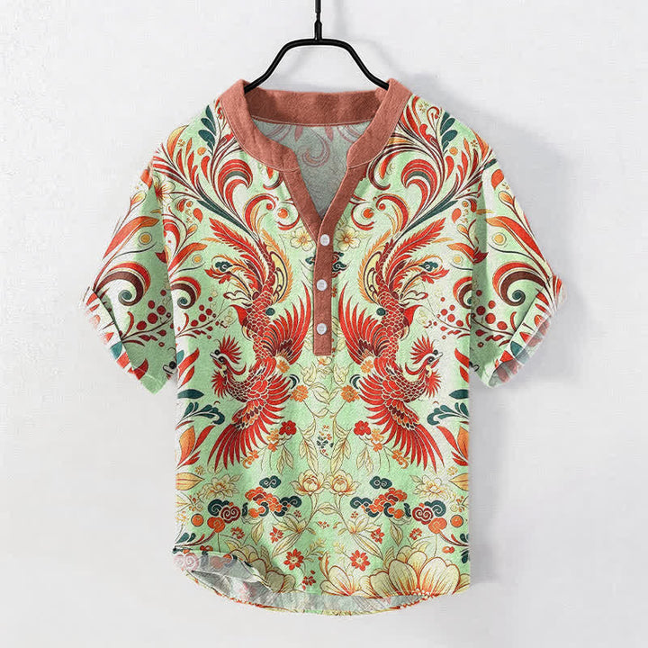 Buddha Stones Kurzarm-Herrenhemd aus Baumwolle mit symmetrischem Phönix-Blumenmuster und halber Knopfleiste - Minzcreme - US/ UK/AU50, EU60 (5XL) - image 5