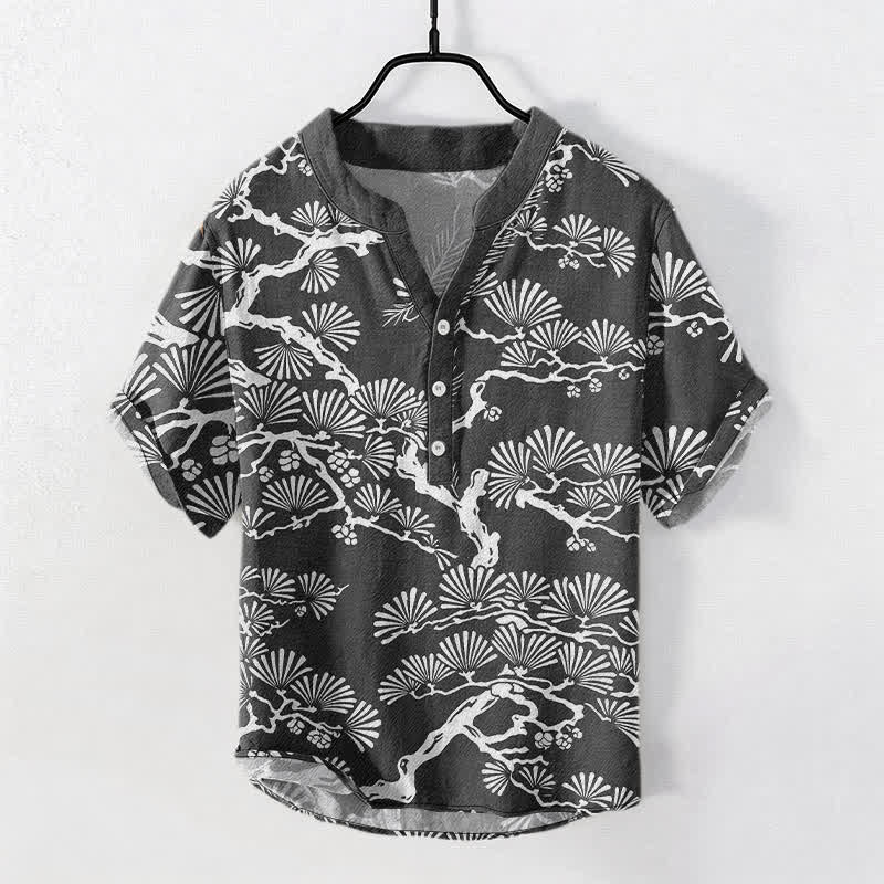 Buddha Stones Baumwollhemd für Herren, kurzärmelig, halb geknöpft, mit weißem Kiefernnadelmuster. - Schwarz - US/ UK/AU50, EU60 (5XL) - image 0
