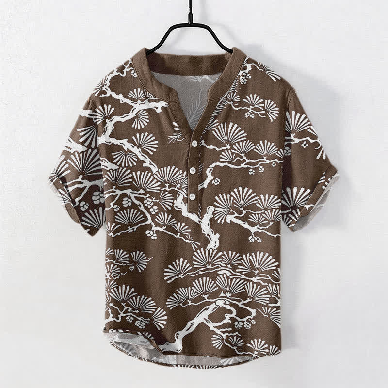 Buddha Stones Baumwollhemd für Herren, kurzärmelig, halb geknöpft, mit weißem Kiefernnadelmuster. - Sattelbraun - US/ UK/AU50, EU60 (5XL) - image 5