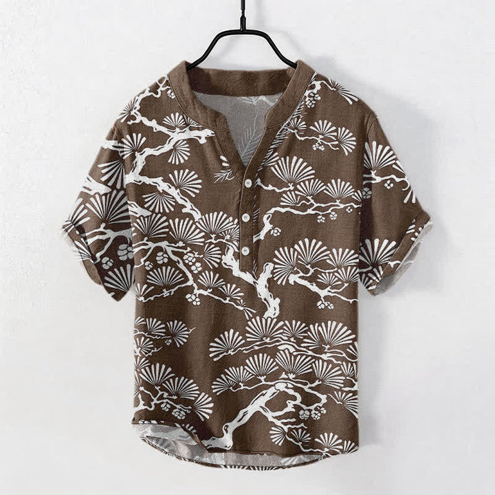 Buddha Stones Baumwollhemd für Herren, kurzärmelig, halb geknöpft, mit weißem Kiefernnadelmuster. - Sattelbraun - US/ UK/AU50, EU60 (5XL) - image 5