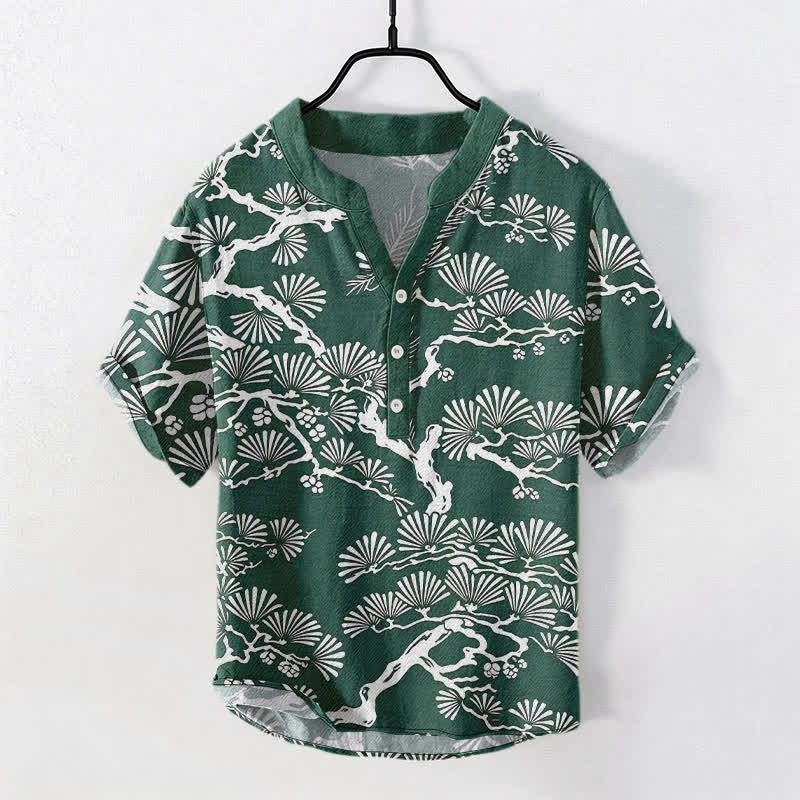 Buddha Stones Baumwollhemd für Herren, kurzärmelig, halb geknöpft, mit weißem Kiefernnadelmuster. - SeaGreen - US/ UK/AU50, EU60 (5XL) - image 7