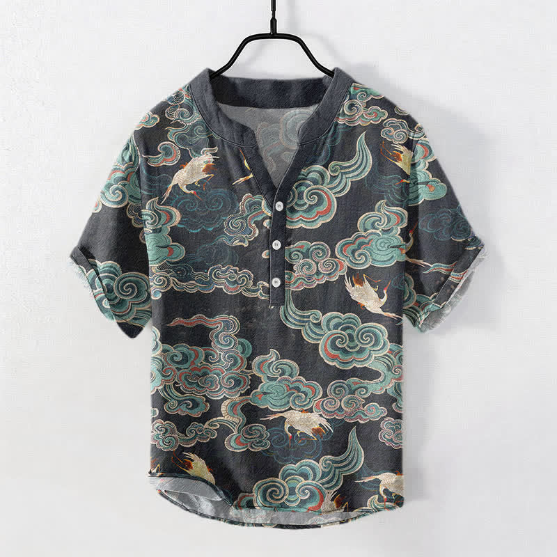 Buddha Stones Kurzarm-Herrenhemd aus Baumwolle mit Koi-Fisch- und Lotusmuster, halber Knopfleiste - Schwarz - US/ UK/AU50, EU60 (5XL) - image 0