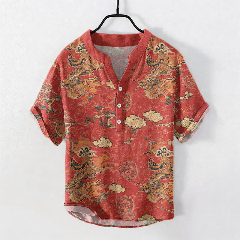 Buddha Stones Kurzarm-Herrenhemd aus Baumwolle mit goldenem Drachen- und Wolkenmuster, halb geknöpft, halblang, mit halben Ärmeln - Koralle - US/ UK/AU50, EU60 (5XL) - image 0