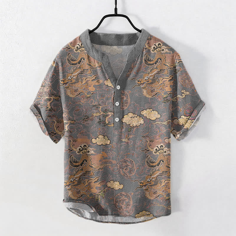 Buddha Stones Kurzarm-Herrenhemd aus Baumwolle mit goldenem Drachen- und Wolkenmuster, halb geknöpft, halblang, mit halben Ärmeln - Grau - US/ UK/AU50, EU60 (5XL) - image 5