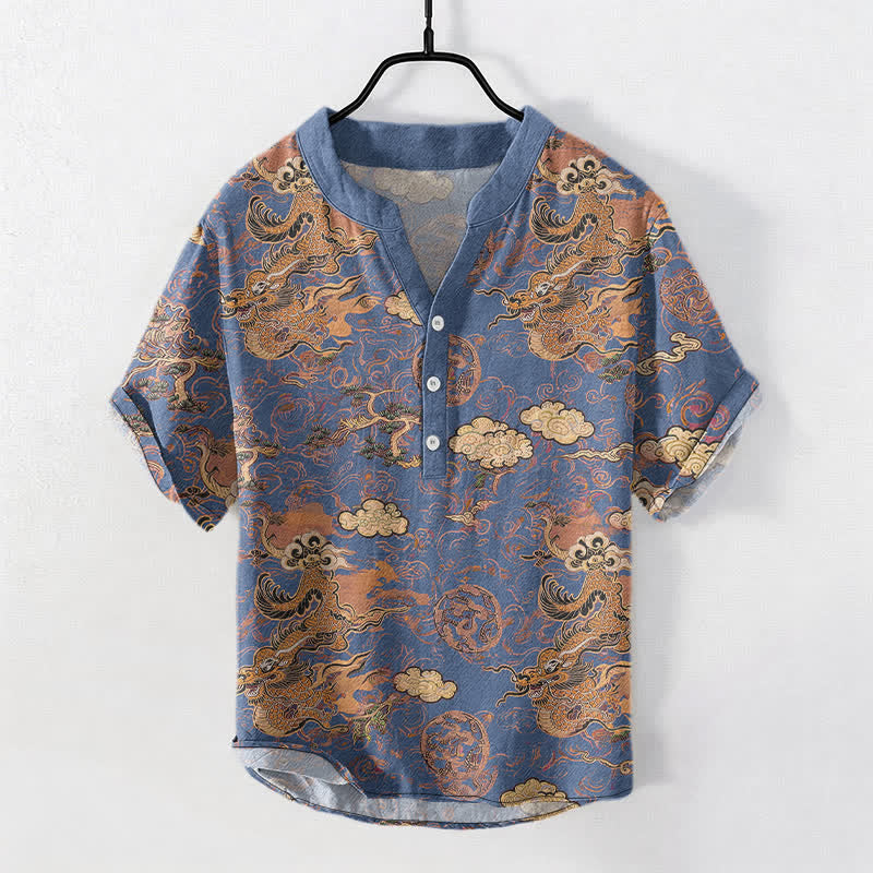 Buddha Stones Kurzarm-Herrenhemd aus Baumwolle mit goldenem Drachen- und Wolkenmuster, halb geknöpft, halblang, mit halben Ärmeln - SteelBlue - US/UK/AU50, EU60 (5XL) - image 7