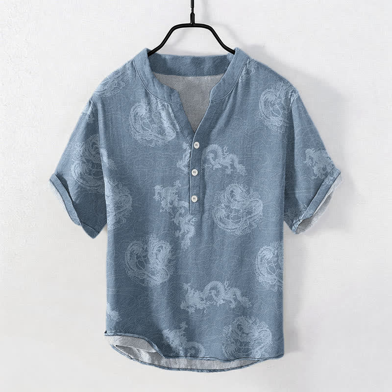 Buddha Stones Baumwollhemd für Herren mit verwaschenem indigoblauem Drachenmuster, Kurzarm, halbe Knopfleiste - SteelBlue - US/ UK/AU50, EU60 (5XL) - image 0