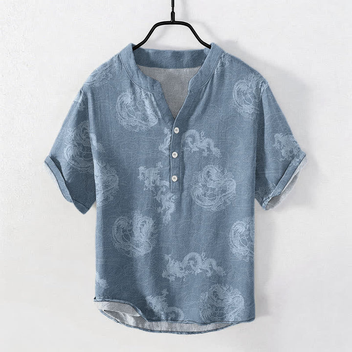 Buddha Stones Baumwollhemd für Herren mit verwaschenem indigoblauem Drachenmuster, Kurzarm, halbe Knopfleiste - SteelBlue - US/ UK/AU50, EU60 (5XL) - image 0