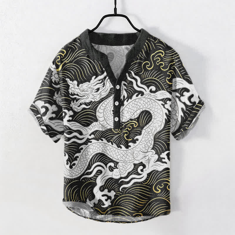 Buddha Stones Baumwollhemd für Herren, weiß, mit Drachenwellenmuster, Kurzarm, halbe Knopfleiste - Schwarz - US/ UK/AU50, EU60 (5XL) - image 0