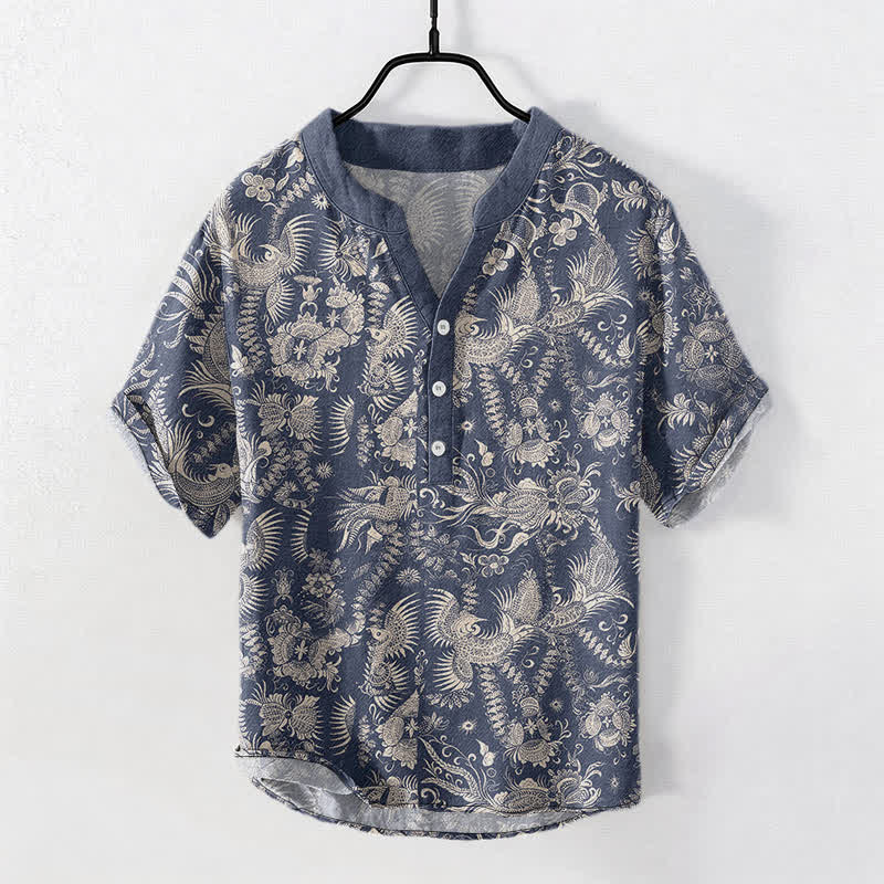 Buddha Stones Kurzarmhemd aus Baumwolle mit botanischem Blumenmuster für Herren, halb geknöpft, kurzärmelig - SteelBlue - US/ UK/AU50, EU60 (5XL) - image 0