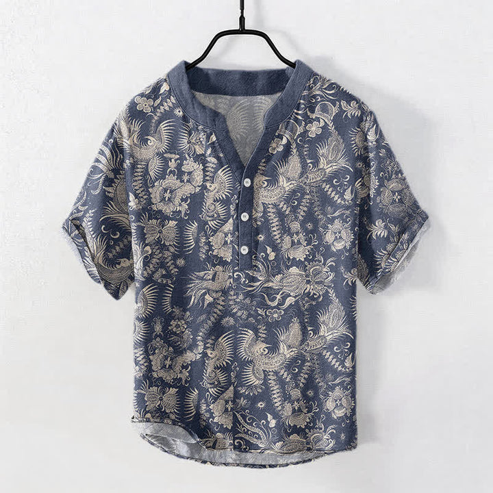 Buddha Stones Kurzarmhemd aus Baumwolle mit botanischem Blumenmuster für Herren, halb geknöpft, kurzärmelig - SteelBlue - US/ UK/AU50, EU60 (5XL) - image 0