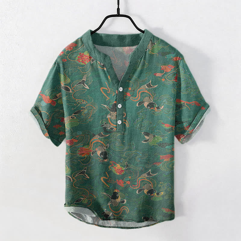 Buddha Stones Kurzarm-Herrenhemd aus Baumwolle mit Koi-Fisch- und Lotusmuster, halber Knopfleiste - SeaGreen - US/ UK/AU50, EU60 (5XL) - image 0