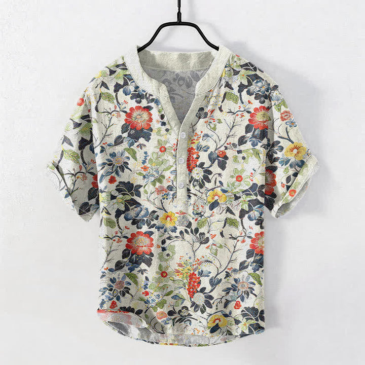 Buddha Stones Baumwollhemd im Vintage-Stil mit floralem Gartenmuster, Kurzarm, halbe Knopfleiste, Herrenhemd - Elfenbein - US/ UK/AU50, EU60 (5XL) - image 0