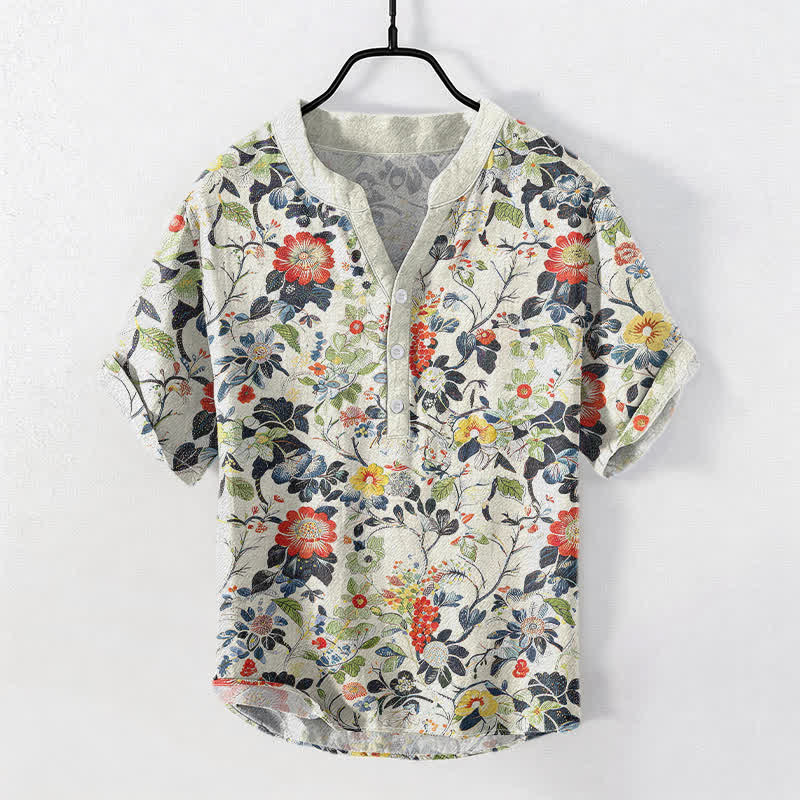 Buddha Stones Baumwollhemd im Vintage-Stil mit floralem Gartenmuster, Kurzarm, halbe Knopfleiste, Herrenhemd - Elfenbein - US/UK/AU50, EU60 (5XL) - image 0