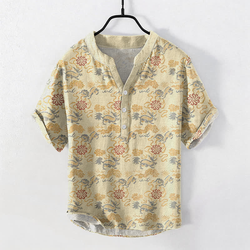 Buddha Stones Kurzarmhemd aus Baumwolle mit orientalischem Blumen-, Wolken- und Wellenmuster, halb geknöpft, Herrenhemd - Beige - US/ UK/AU50, EU60 (5XL) - image 0