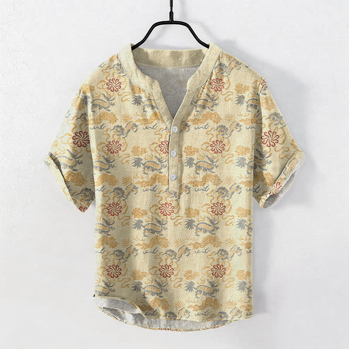 Buddha Stones Kurzarmhemd aus Baumwolle mit orientalischem Blumen-, Wolken- und Wellenmuster, halb geknöpft, Herrenhemd - Beige - US/ UK/AU50, EU60 (5XL) - image 0