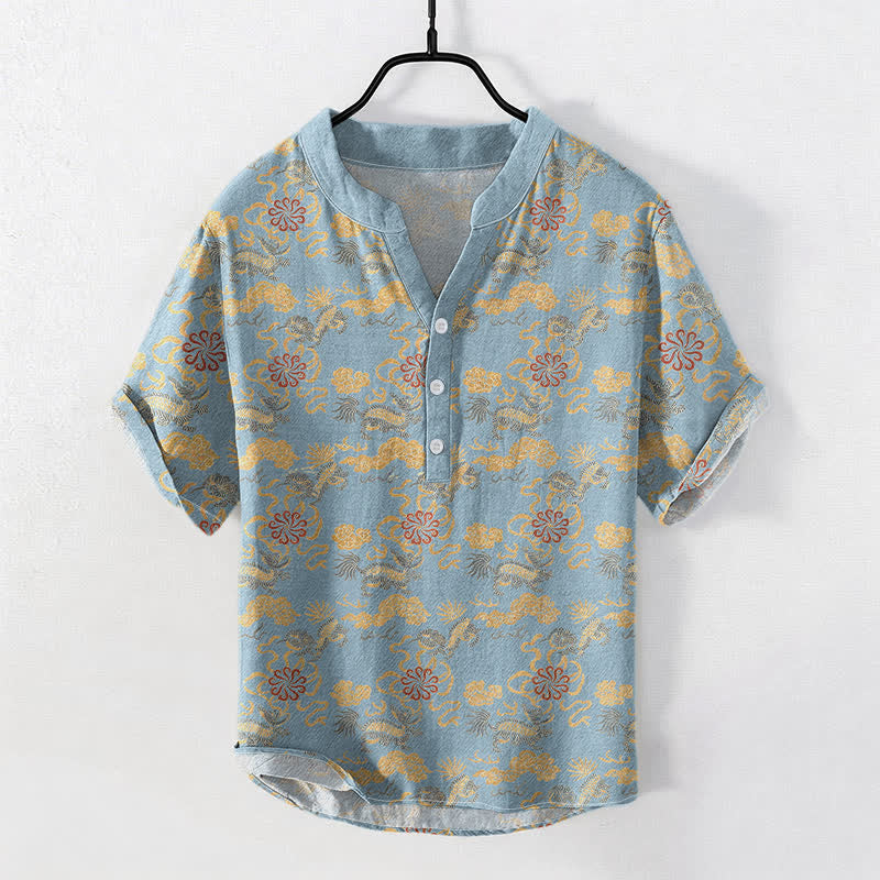 Buddha Stones Kurzarmhemd aus Baumwolle mit orientalischem Blumen-, Wolken- und Wellenmuster, halb geknöpft, Herrenhemd - Hellblau - US/ UK/AU50, EU60 (5XL) - image 3
