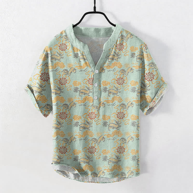 Buddha Stones Kurzarmhemd aus Baumwolle mit orientalischem Blumen-, Wolken- und Wellenmuster, halb geknöpft, Herrenhemd - Minzcreme - US/ UK/AU50, EU60 (5XL) - image 5