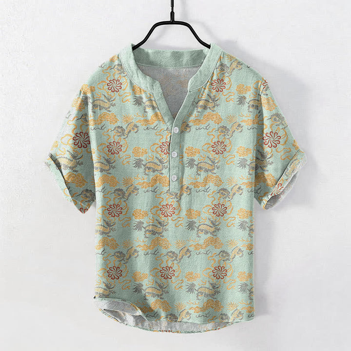 Buddha Stones Kurzarmhemd aus Baumwolle mit orientalischem Blumen-, Wolken- und Wellenmuster, halb geknöpft, Herrenhemd - Minzcreme - US/ UK/AU50, EU60 (5XL) - image 5