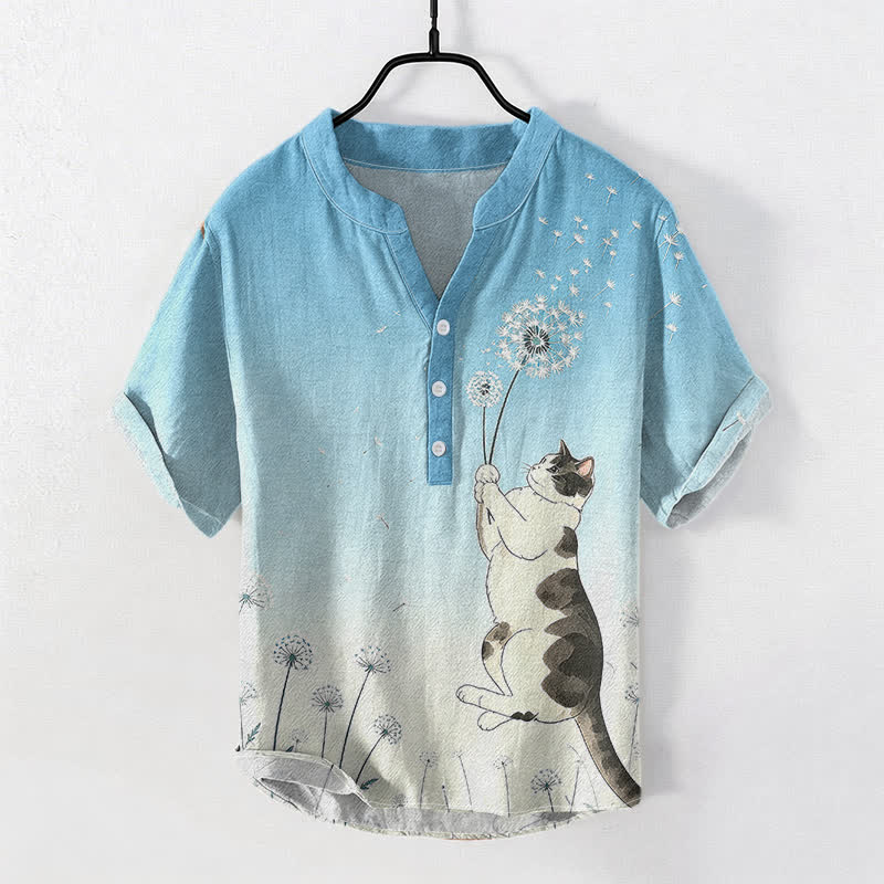 Buddha Stones Baumwollhemd für Herren, Kurzarm, halbe Knopfleiste, handgezeichnetes Katzen- und Löwenzahnmuster - Himmelblau - US/UK/AU50, EU60 (5XL) - image 3