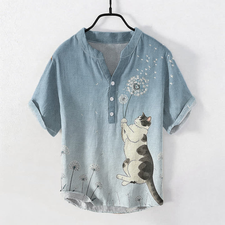 Buddha Stones Baumwollhemd für Herren, Kurzarm, halbe Knopfleiste, handgezeichnetes Katzen- und Löwenzahnmuster - Hellstahlblau - US/UK/AU50, EU60 (5XL) - image 5