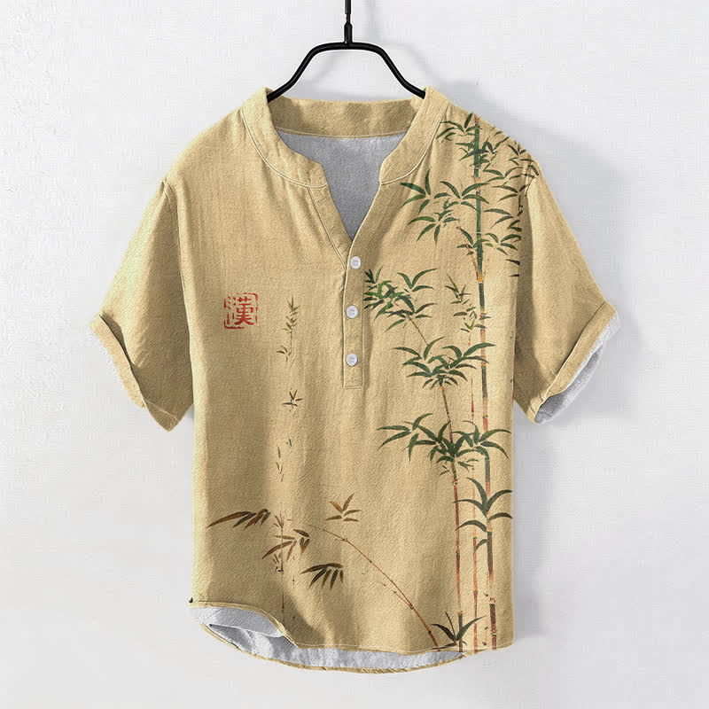 Buddha Stones Kurzarmhemd aus Baumwolle mit Bambus-Tintenwaschmuster für Herren, halbknöpfig, mit halber Knopfleiste - BurlyWood - US/UK/AU50, EU60 (5XL) - image 5
