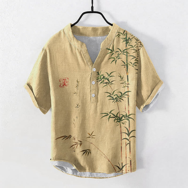 Buddha Stones Kurzarmhemd aus Baumwolle mit Bambus-Tintenwaschmuster für Herren, halbknöpfig, mit halber Knopfleiste - BurlyWood - US/UK/AU50, EU60 (5XL) - image 5