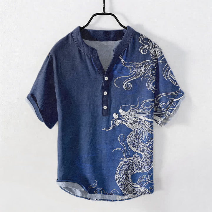 Buddha Stones Baumwollhemd für Herren mit großem weißen Drachenmuster, Kurzarm, halbe Knopfleiste - Marine - US/UK/AU50, EU60 (5XL) - image 0