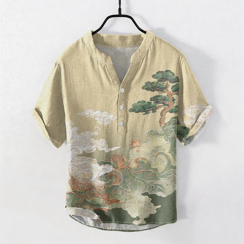 Buddha Stones Kurzarmhemd mit halber Knopfleiste und Kiefernwellenmuster aus Baumwolle - Khaki - US/ UK/AU50, EU60 (5XL) - image 0