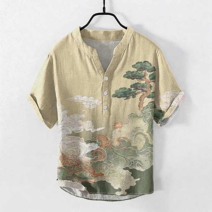 Buddha Stones Kurzarmhemd mit halber Knopfleiste und Kiefernwellenmuster aus Baumwolle - Khaki - US/ UK/AU50, EU60 (5XL) - image 0