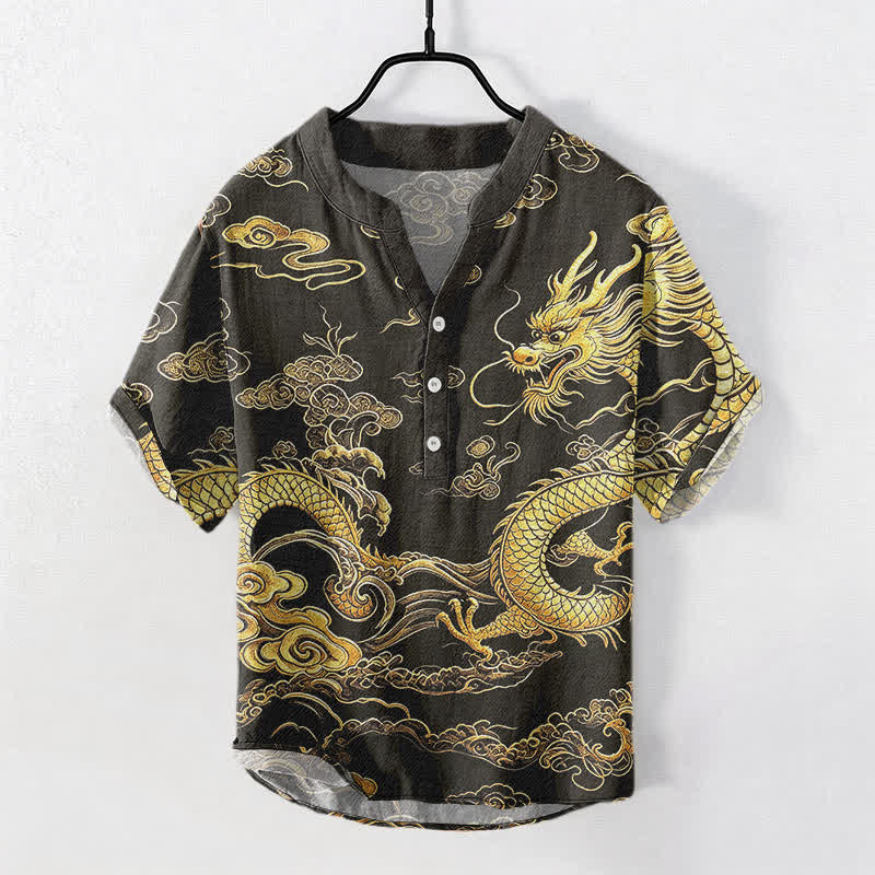 Buddha Stones Kurzarm-Herrenhemd aus Baumwolle mit goldenem Drachen- und Wolkenmuster, halb geknöpft, halblang, mit halben Ärmeln - Schwarz - US/UK/AU50, EU60 (5XL) - image 0